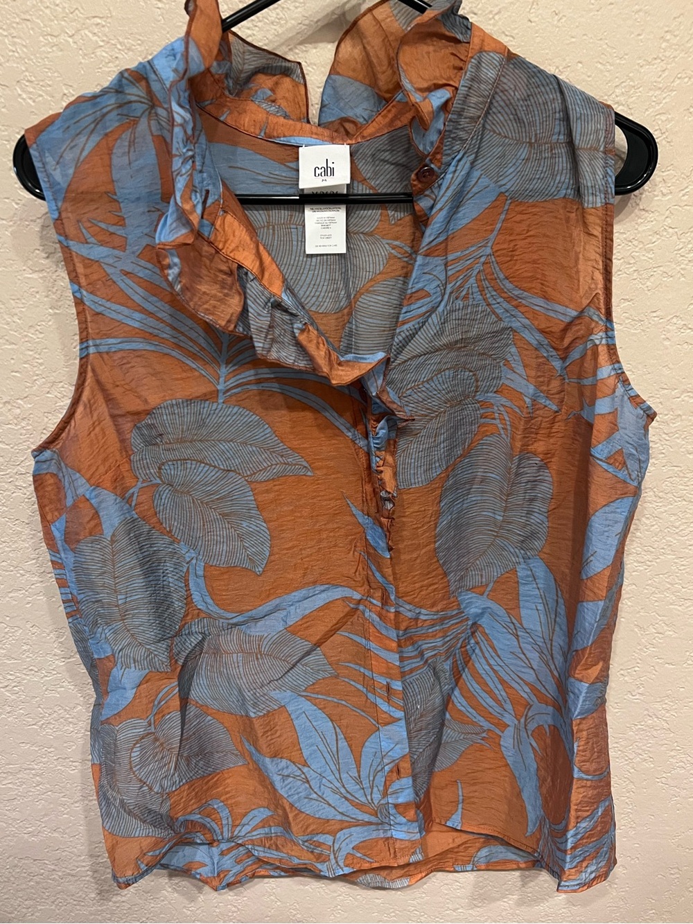 CAbi Blue & Rust Leaf-Print Ruffle Sleeveless Top